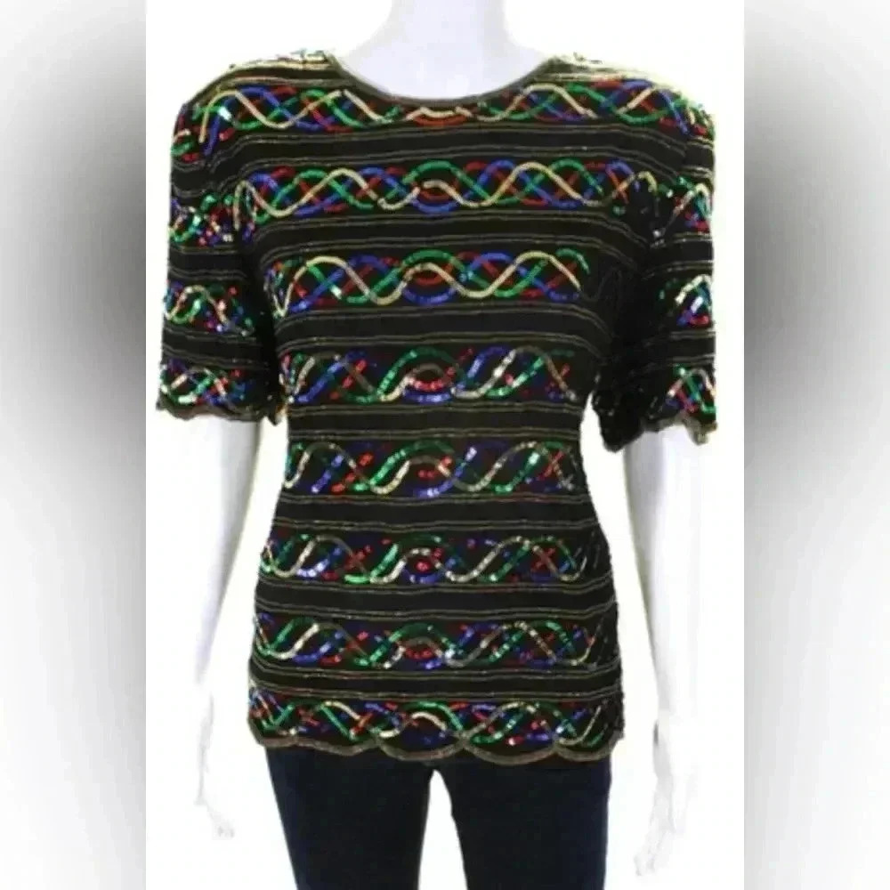 Vintage Laurence Kazar Womens Silk Sequined Short Sleeves Blouse Black Size M